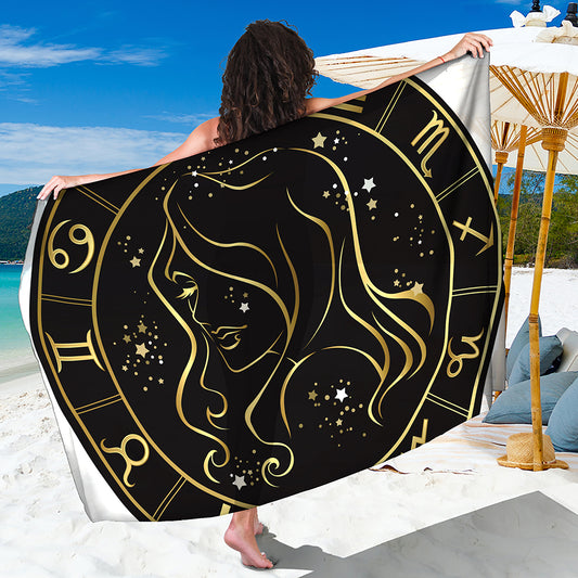 Gold And Black Virgo Sign Print Beach Sarong Wrap