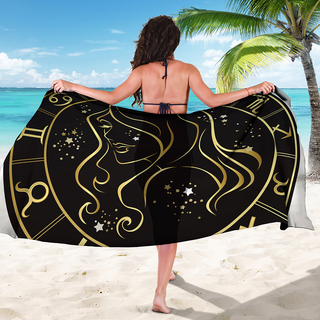 Gold And Black Virgo Sign Print Beach Sarong Wrap
