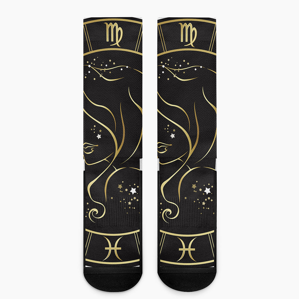 Gold And Black Virgo Sign Print Crew Socks