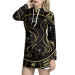 Gold And Black Virgo Sign Print Pullover Hoodie Dress