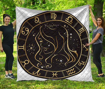 Gold And Black Virgo Sign Print Quilt