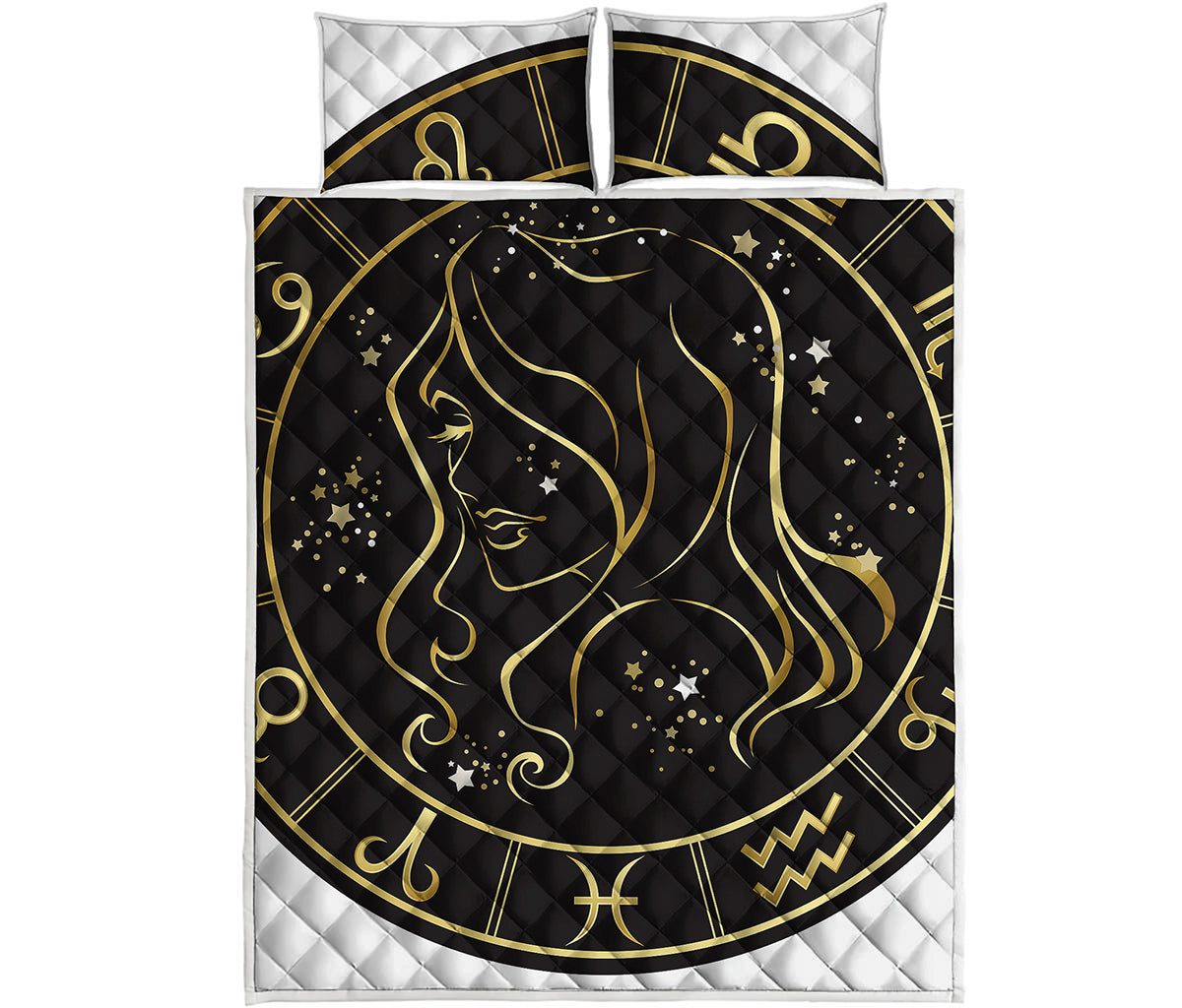Gold And Black Virgo Sign Print Quilt Bed Set