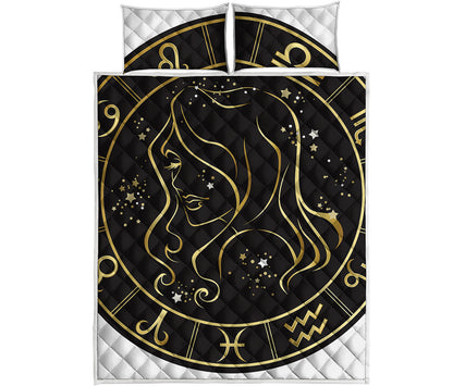 Gold And Black Virgo Sign Print Quilt Bed Set