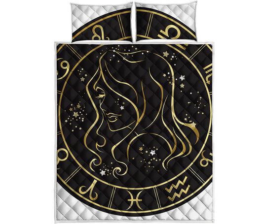 Gold And Black Virgo Sign Print Quilt Bed Set