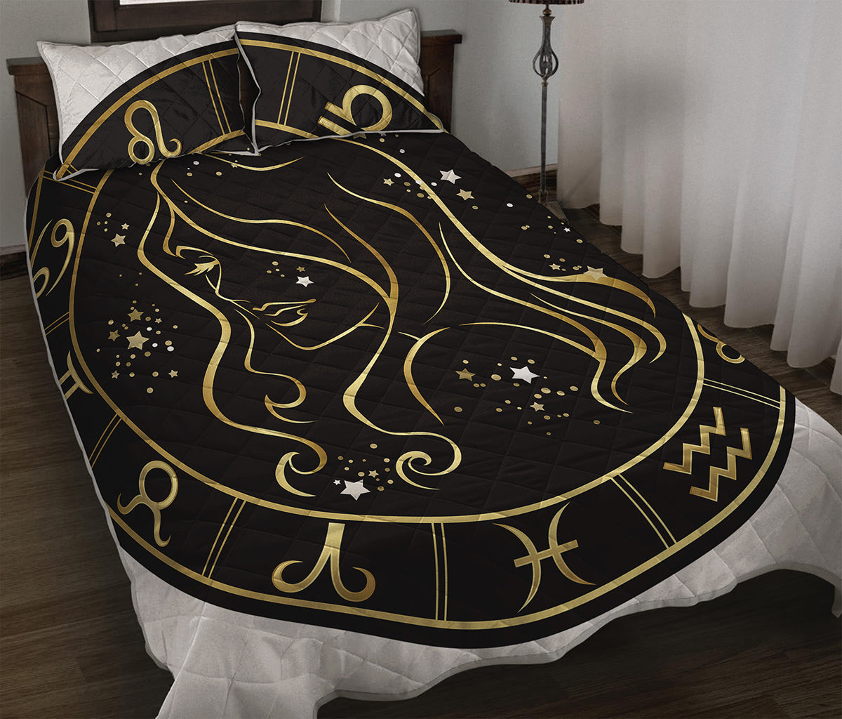 Gold And Black Virgo Sign Print Quilt Bed Set