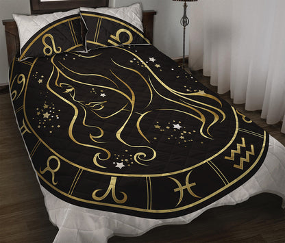 Gold And Black Virgo Sign Print Quilt Bed Set
