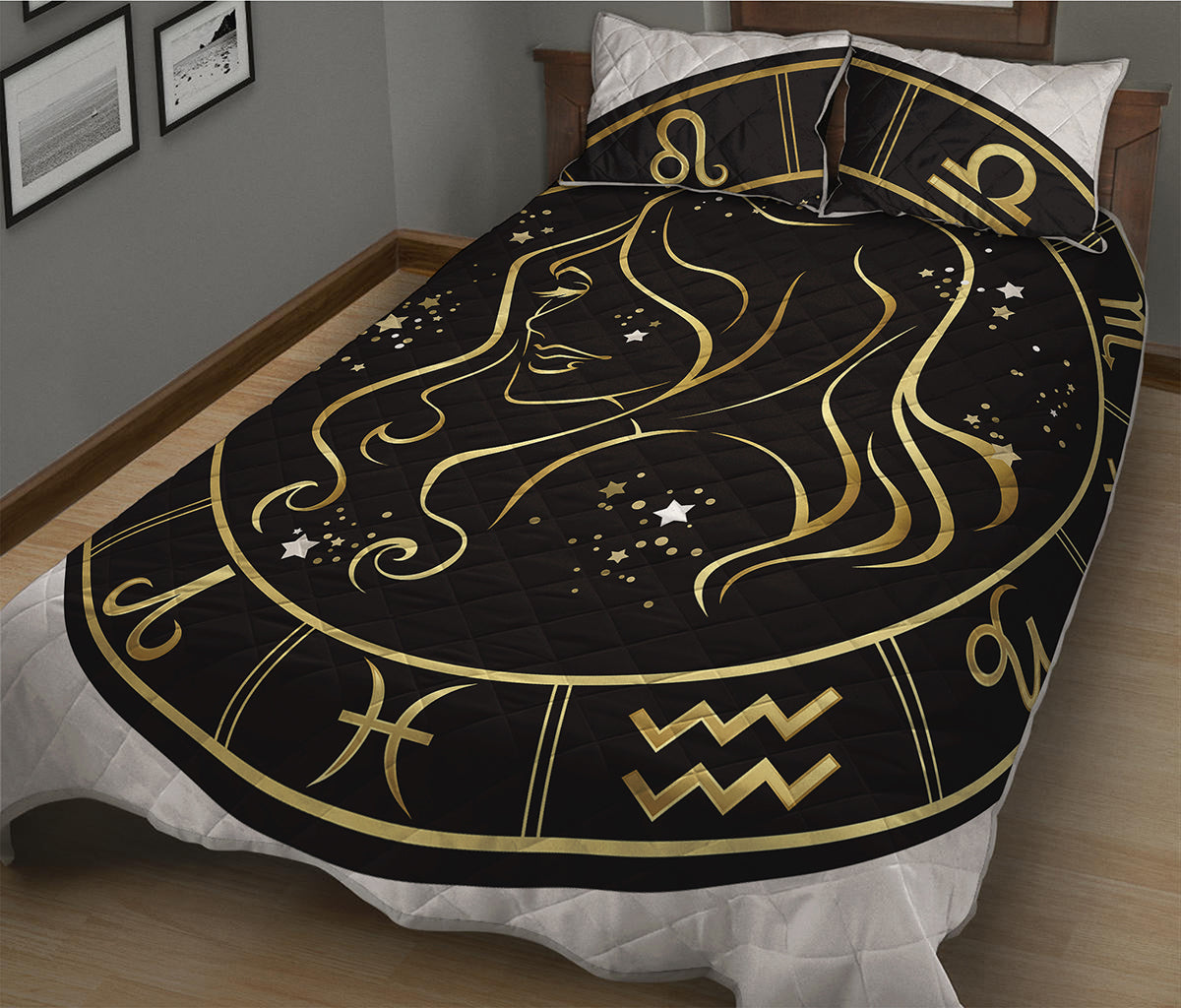 Gold And Black Virgo Sign Print Quilt Bed Set