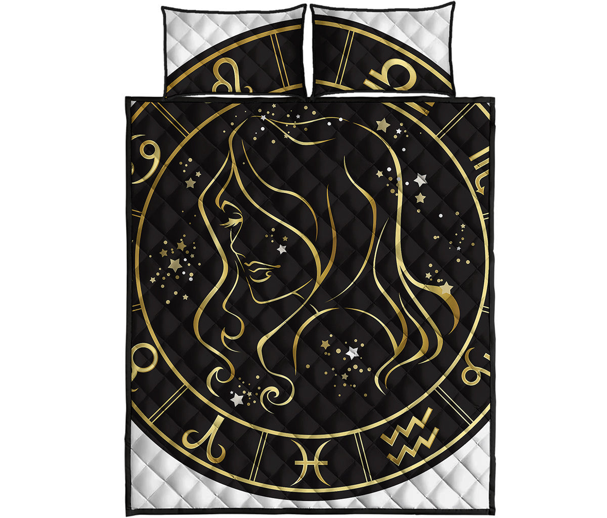 Gold And Black Virgo Sign Print Quilt Bed Set