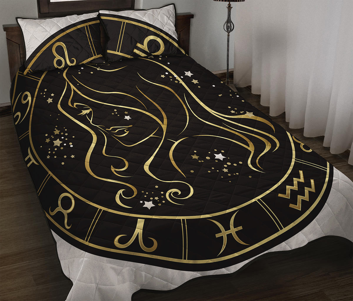 Gold And Black Virgo Sign Print Quilt Bed Set