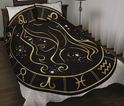Gold And Black Virgo Sign Print Quilt Bed Set