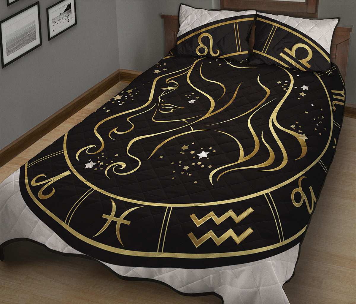 Gold And Black Virgo Sign Print Quilt Bed Set