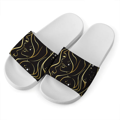 Gold And Black Virgo Sign Print White Slide Sandals