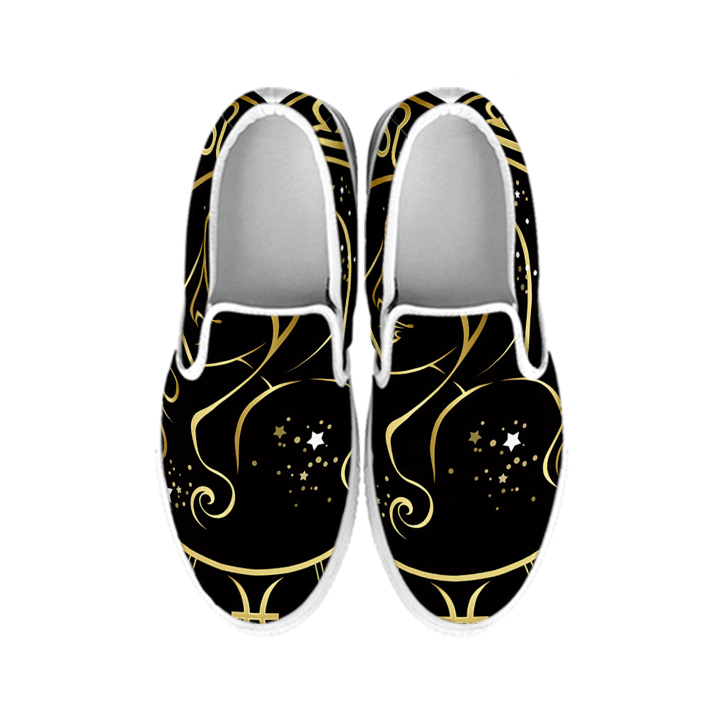 Gold And Black Virgo Sign Print White Slip On Shoes
