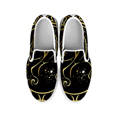 Gold And Black Virgo Sign Print White Slip On Shoes