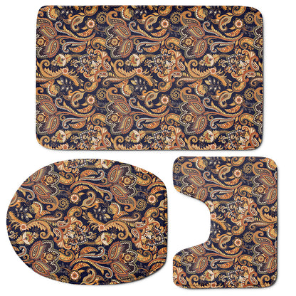 Gold And Blue Paisley Pattern Print 3 Piece Bath Mat Set