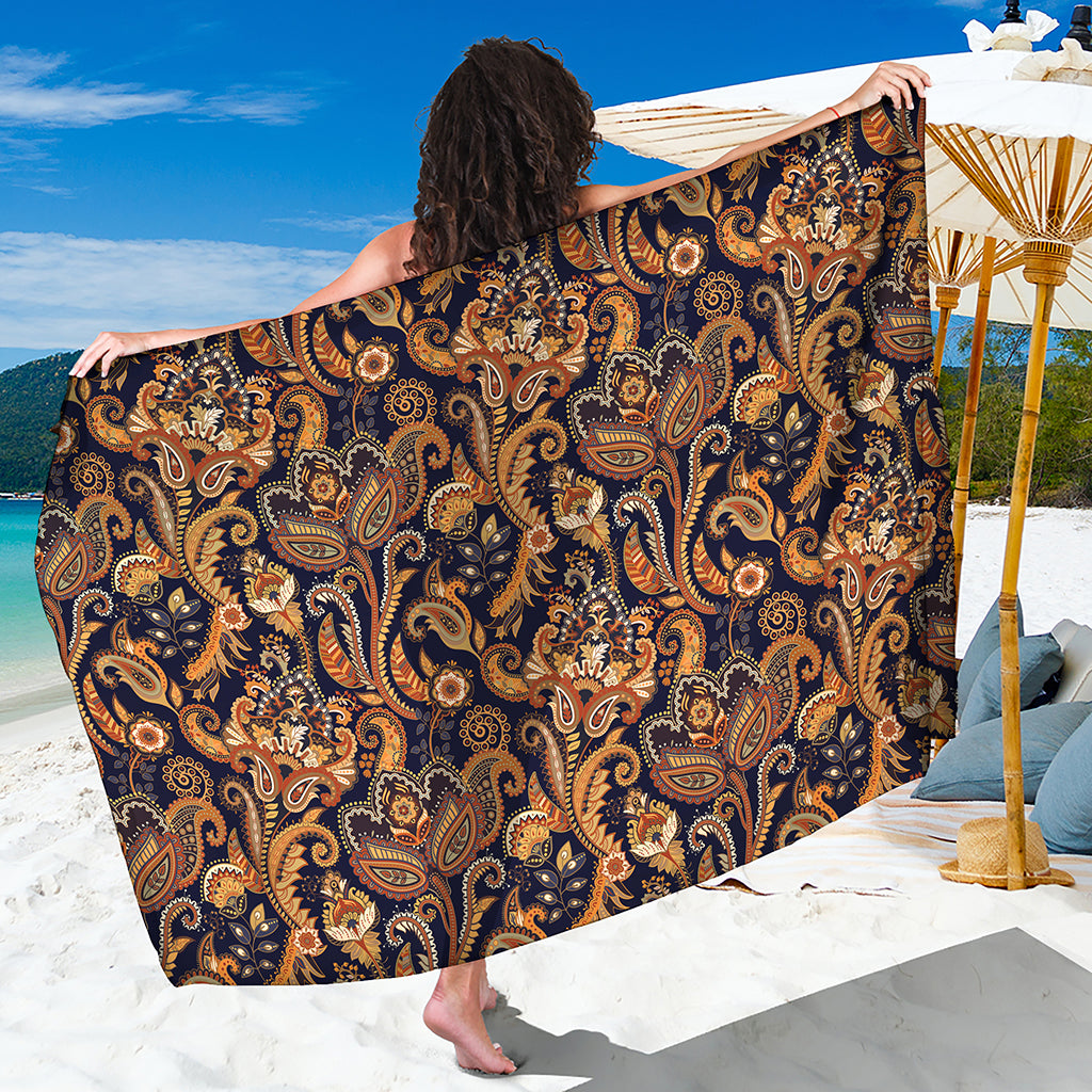 Gold And Blue Paisley Pattern Print Beach Sarong Wrap