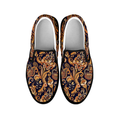 Gold And Blue Paisley Pattern Print Black Slip On Shoes