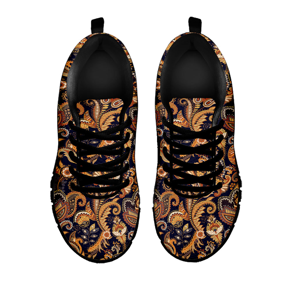 Gold And Blue Paisley Pattern Print Black Sneakers
