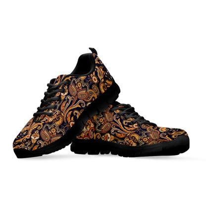 Gold And Blue Paisley Pattern Print Black Sneakers