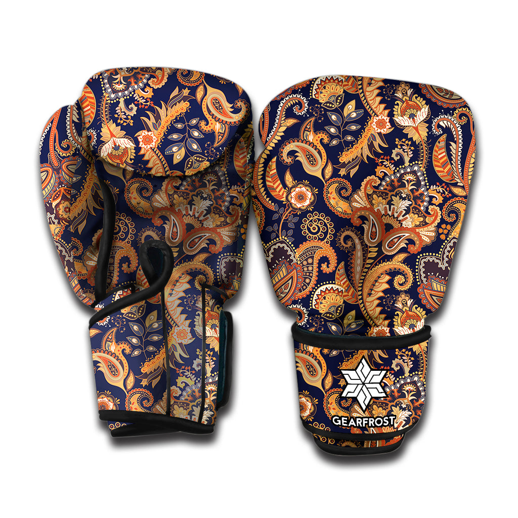 Gold And Blue Paisley Pattern Print Boxing Gloves
