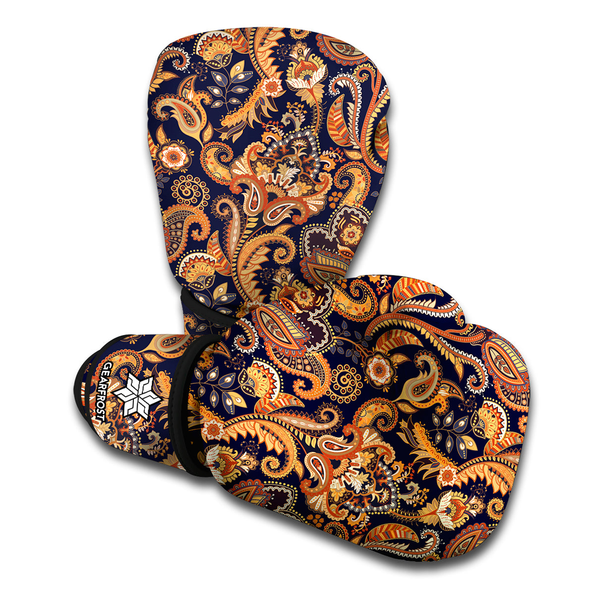 Gold And Blue Paisley Pattern Print Boxing Gloves