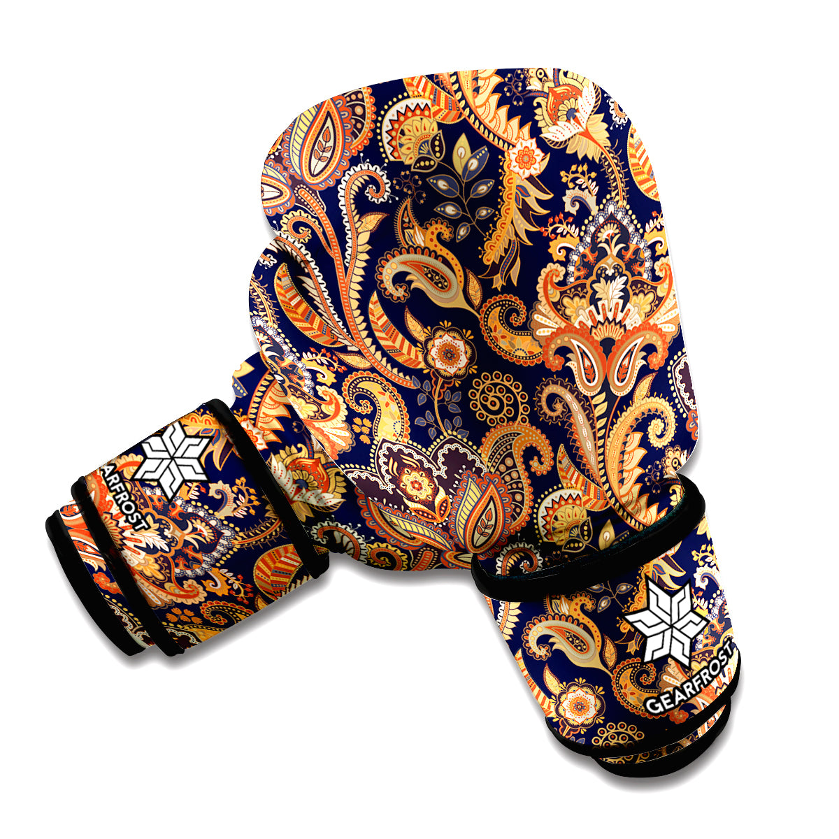 Gold And Blue Paisley Pattern Print Boxing Gloves