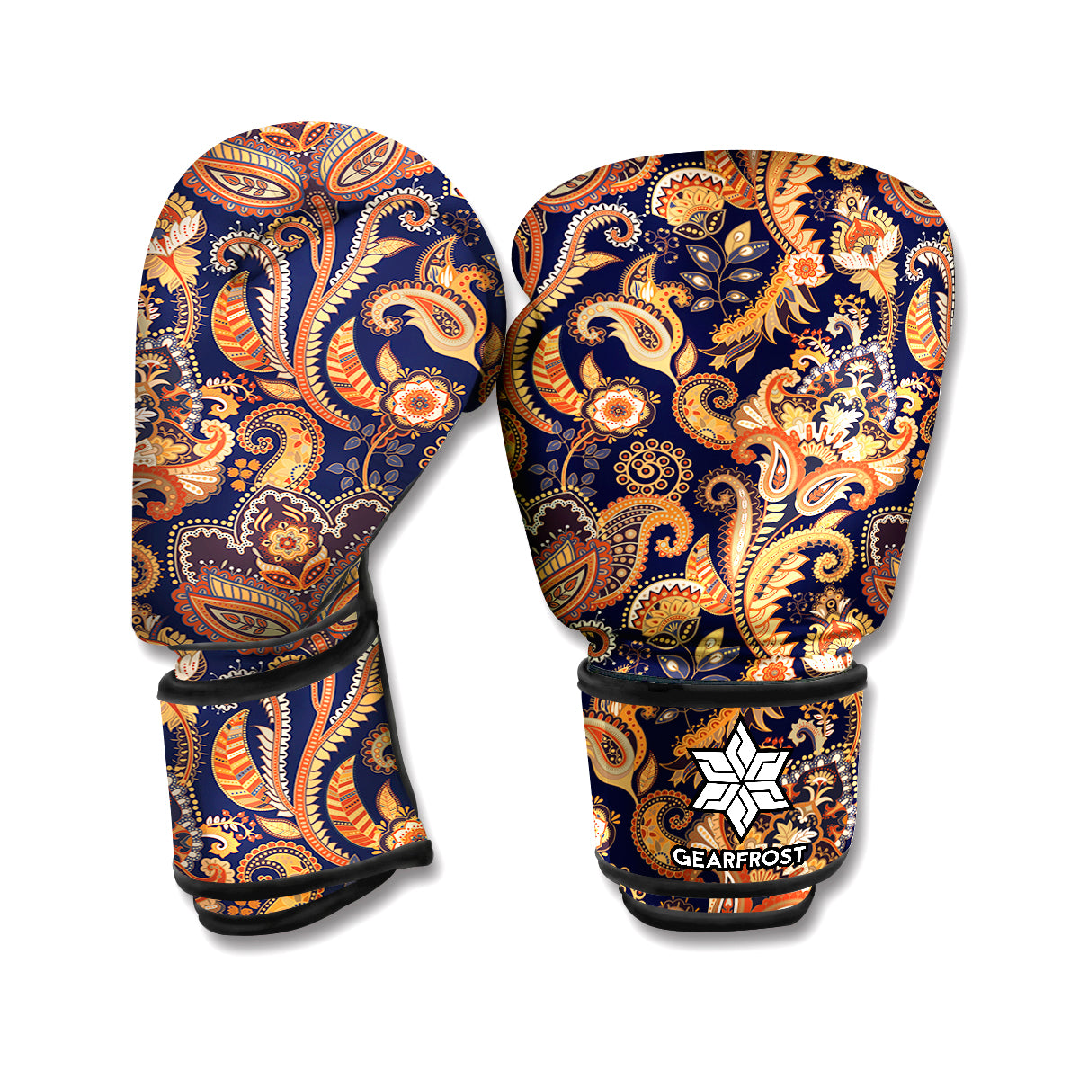 Gold And Blue Paisley Pattern Print Boxing Gloves