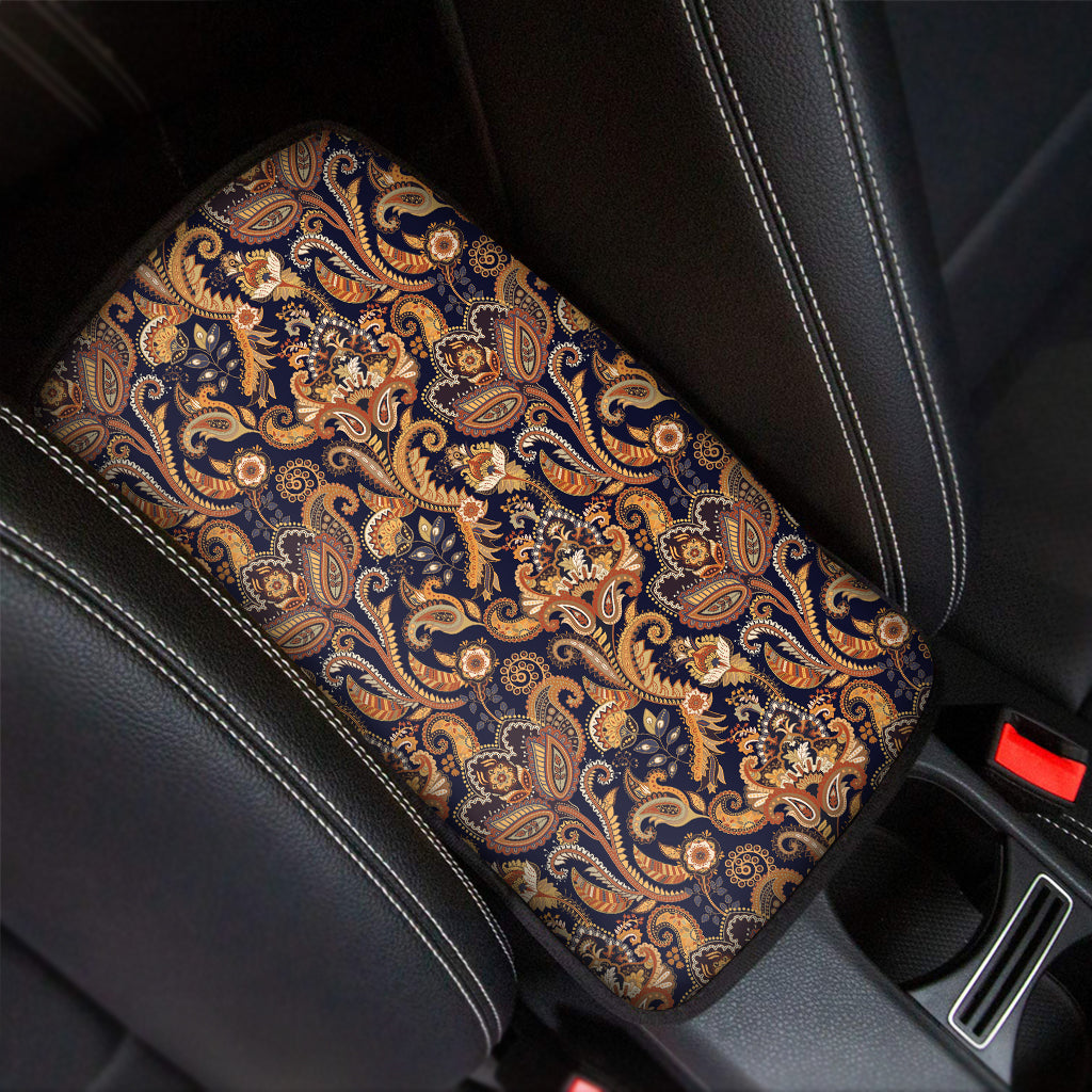 Gold And Blue Paisley Pattern Print Car Center Console Cover