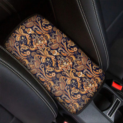 Gold And Blue Paisley Pattern Print Car Center Console Cover