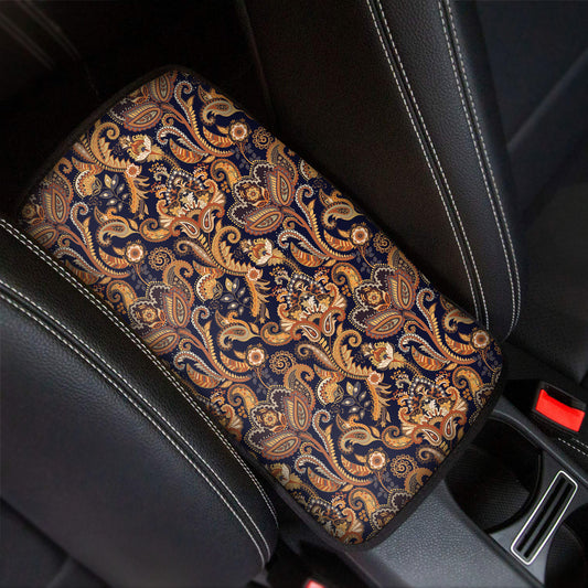Gold And Blue Paisley Pattern Print Car Center Console Cover