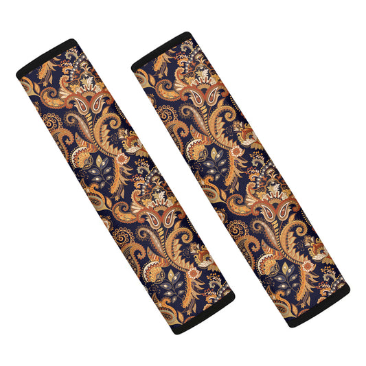 Gold And Blue Paisley Pattern Print Car Seat Belt Covers