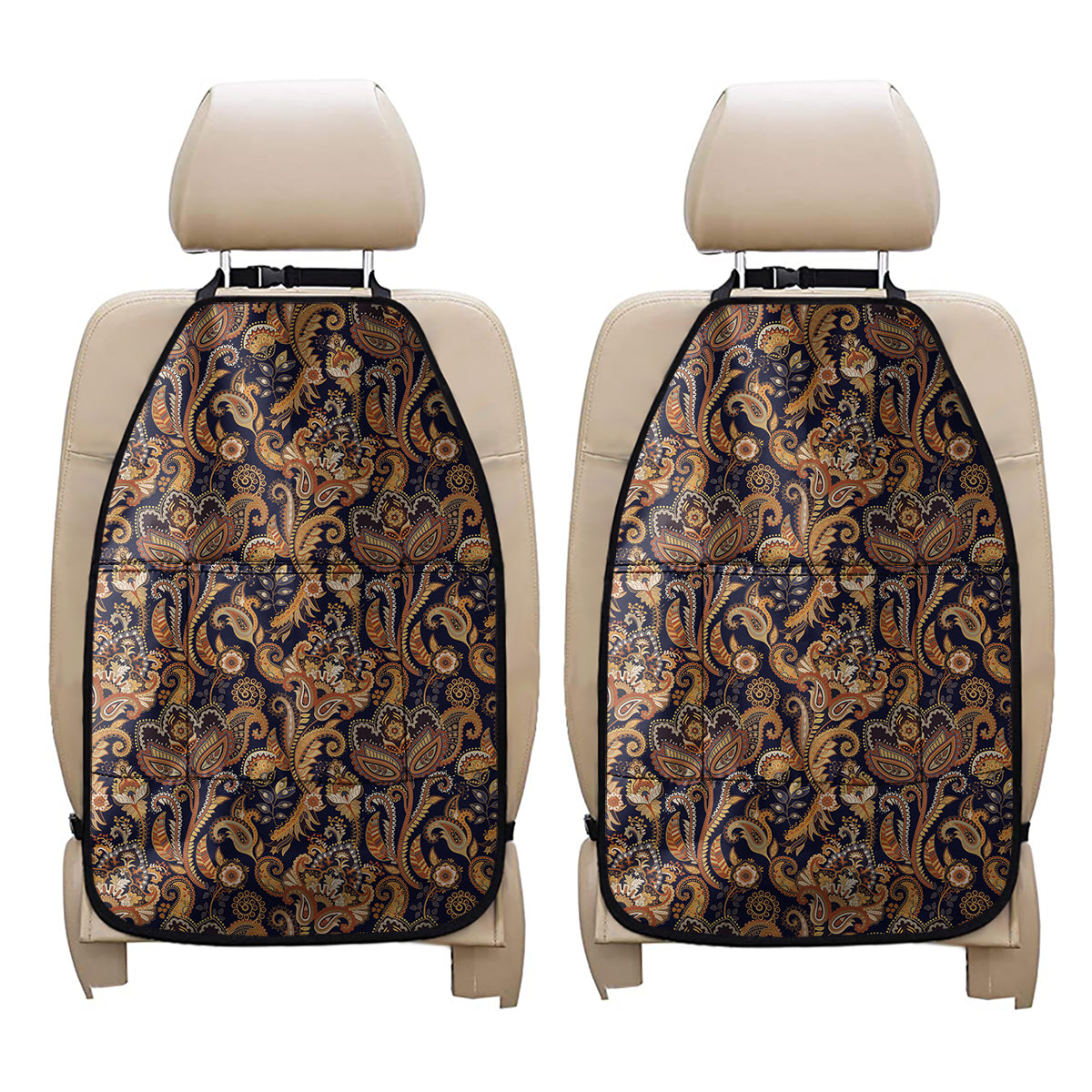 Gold And Blue Paisley Pattern Print Car Seat Organizers