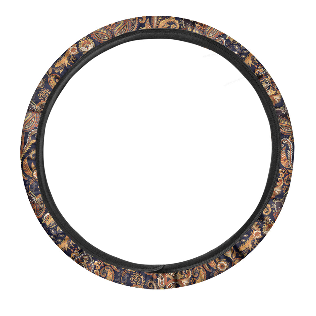 Gold And Blue Paisley Pattern Print Car Steering Wheel Cover