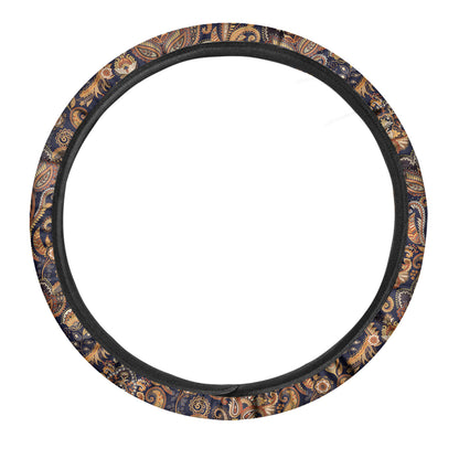 Gold And Blue Paisley Pattern Print Car Steering Wheel Cover