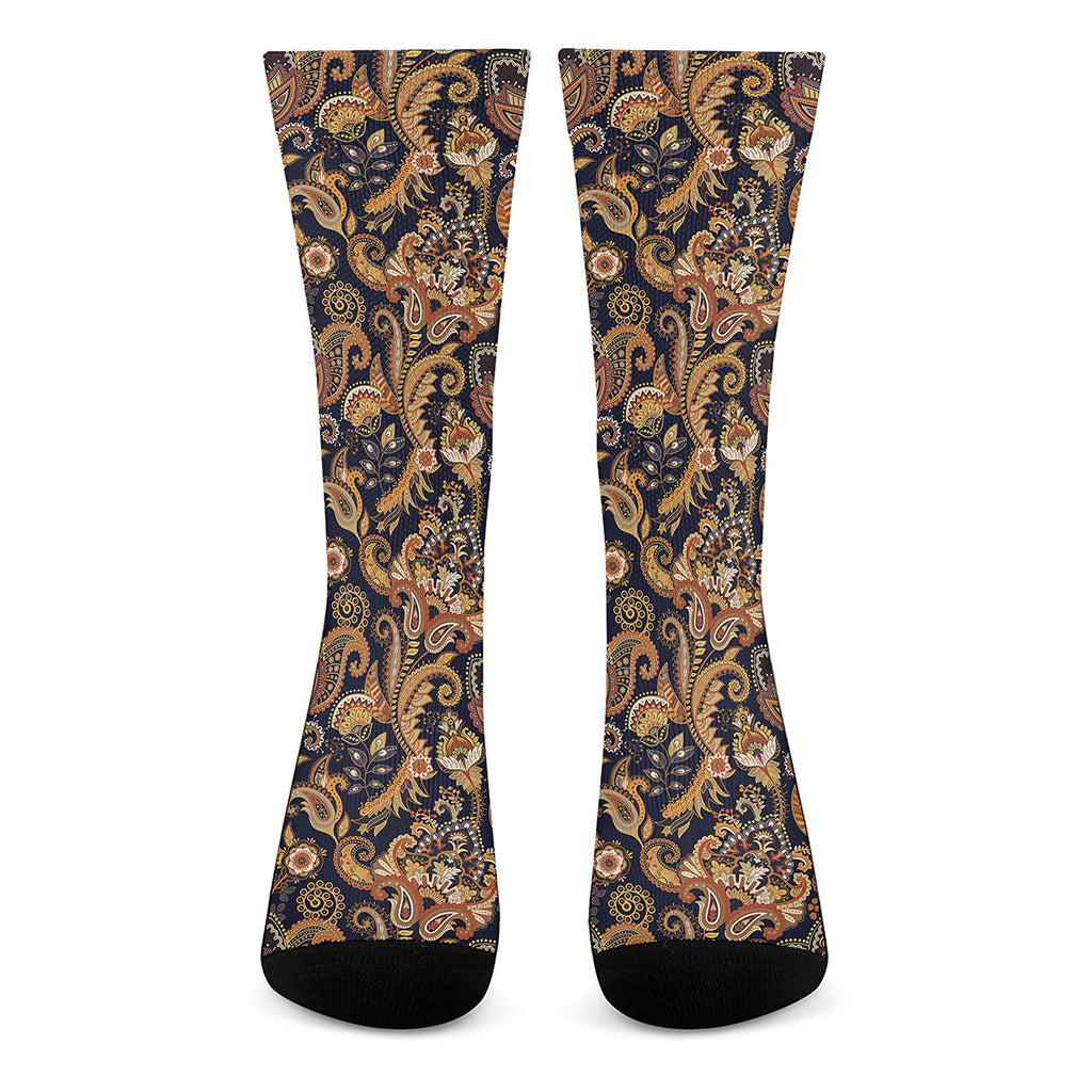 Gold And Blue Paisley Pattern Print Crew Socks