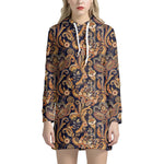 Gold And Blue Paisley Pattern Print Hoodie Dress