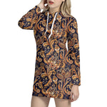 Gold And Blue Paisley Pattern Print Hoodie Dress