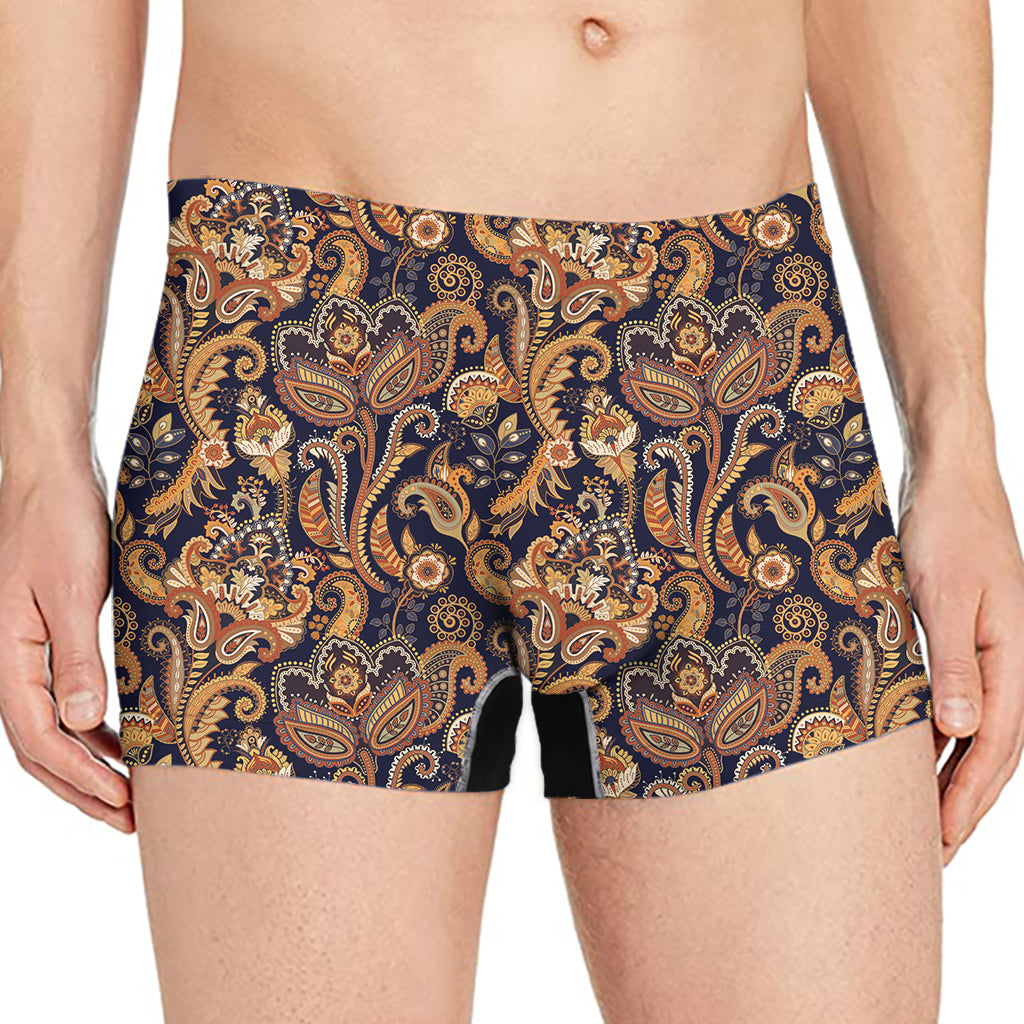 Gold And Blue Paisley Pattern Print Men's Boxer Briefs
