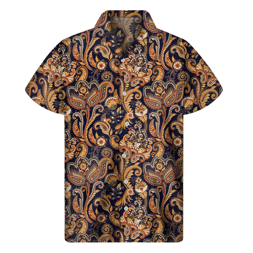 Gold And Blue Paisley Pattern Print Men's Short Sleeve Shirt