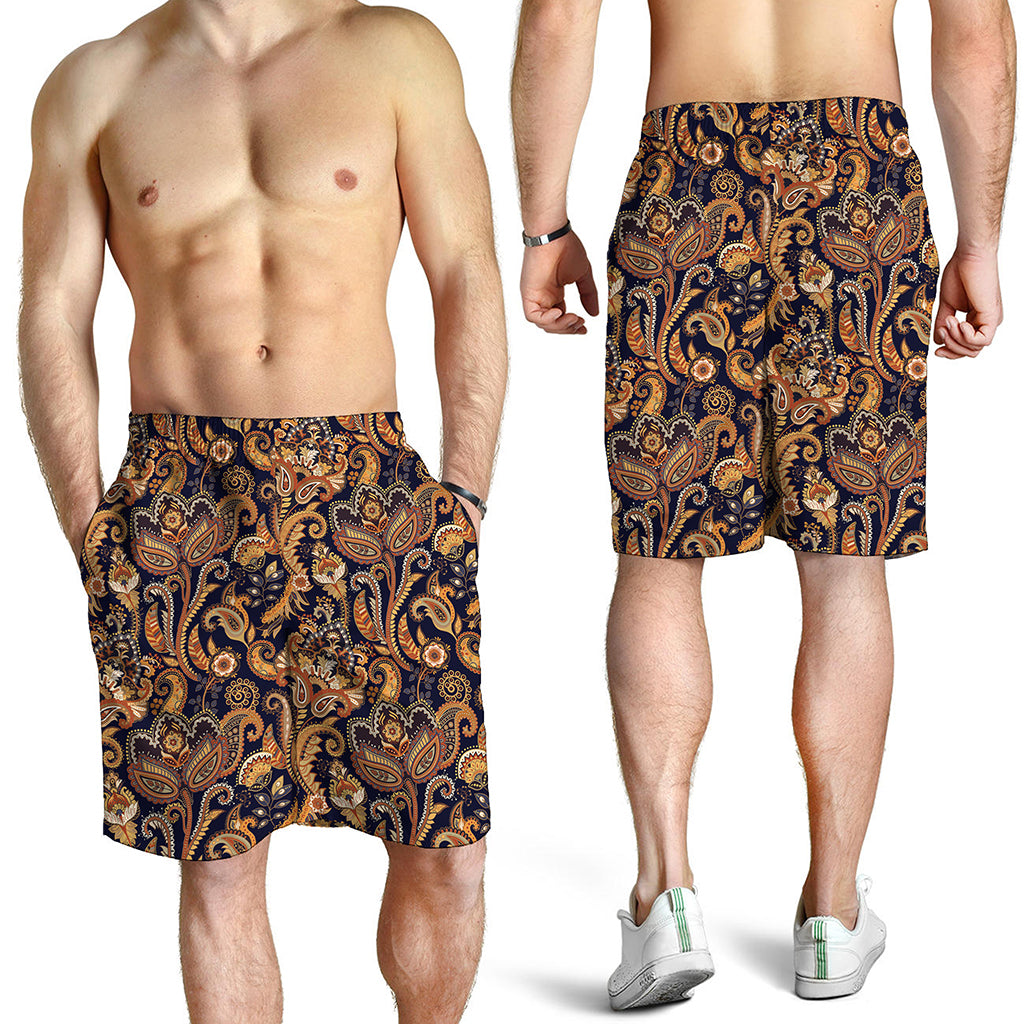 Gold And Blue Paisley Pattern Print Men's Shorts