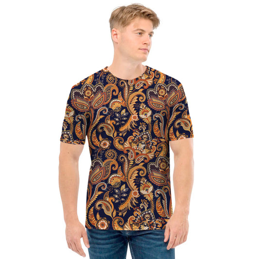 Gold And Blue Paisley Pattern Print Men's T-Shirt