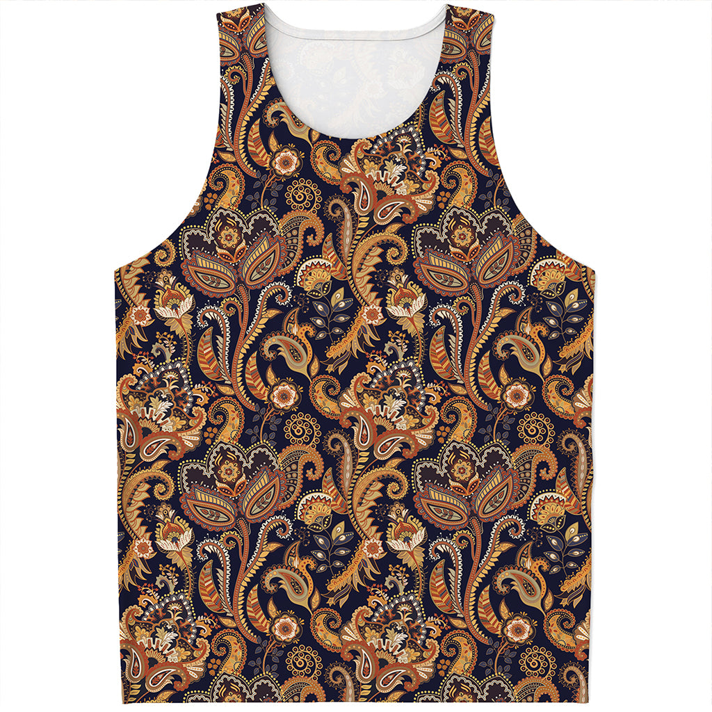 Gold And Blue Paisley Pattern Print Men's Tank Top