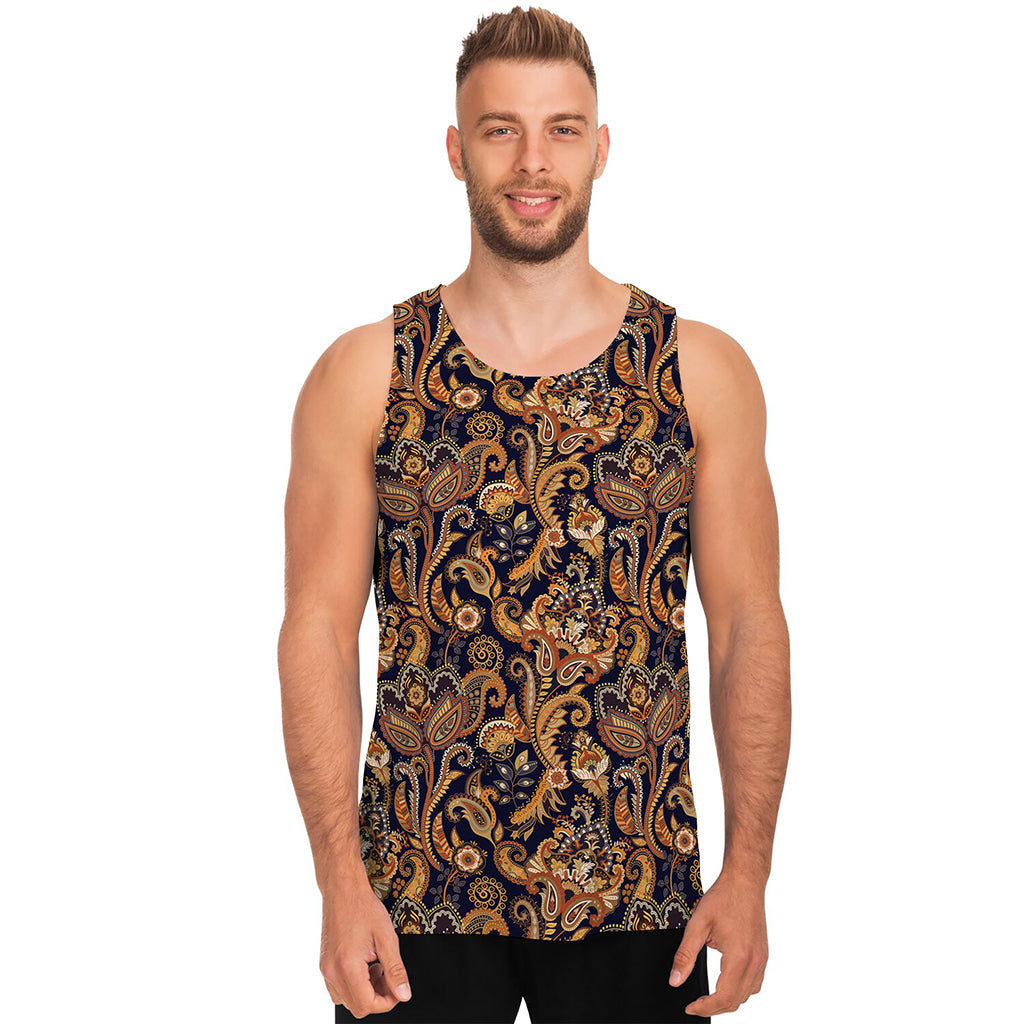 Gold And Blue Paisley Pattern Print Men's Tank Top