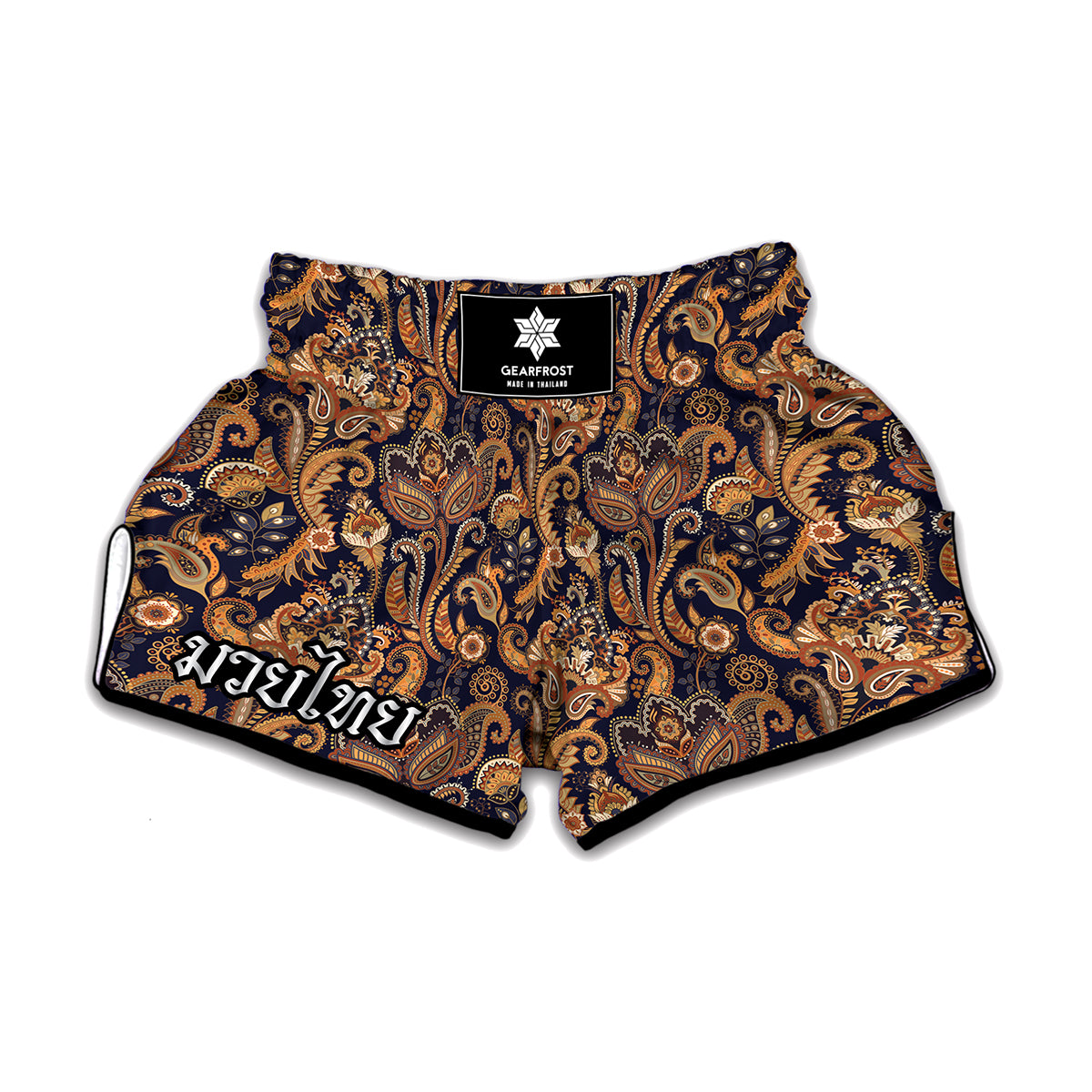 Gold And Blue Paisley Pattern Print Muay Thai Boxing Shorts