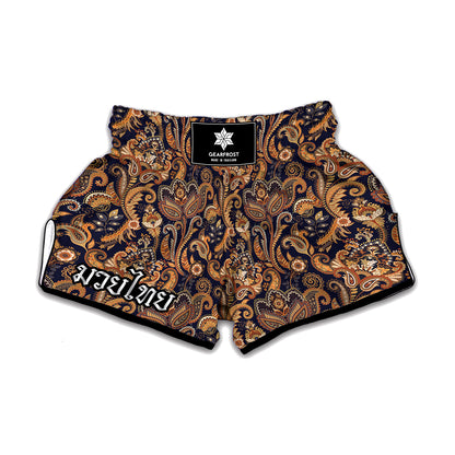 Gold And Blue Paisley Pattern Print Muay Thai Boxing Shorts