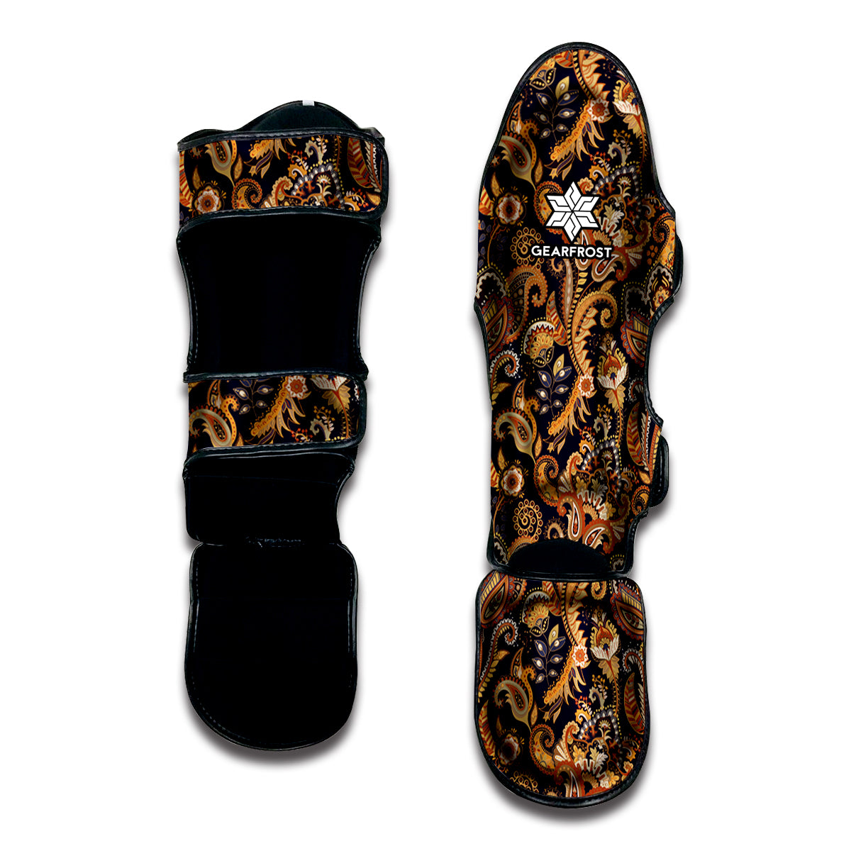 Gold And Blue Paisley Pattern Print Muay Thai Shin Guard