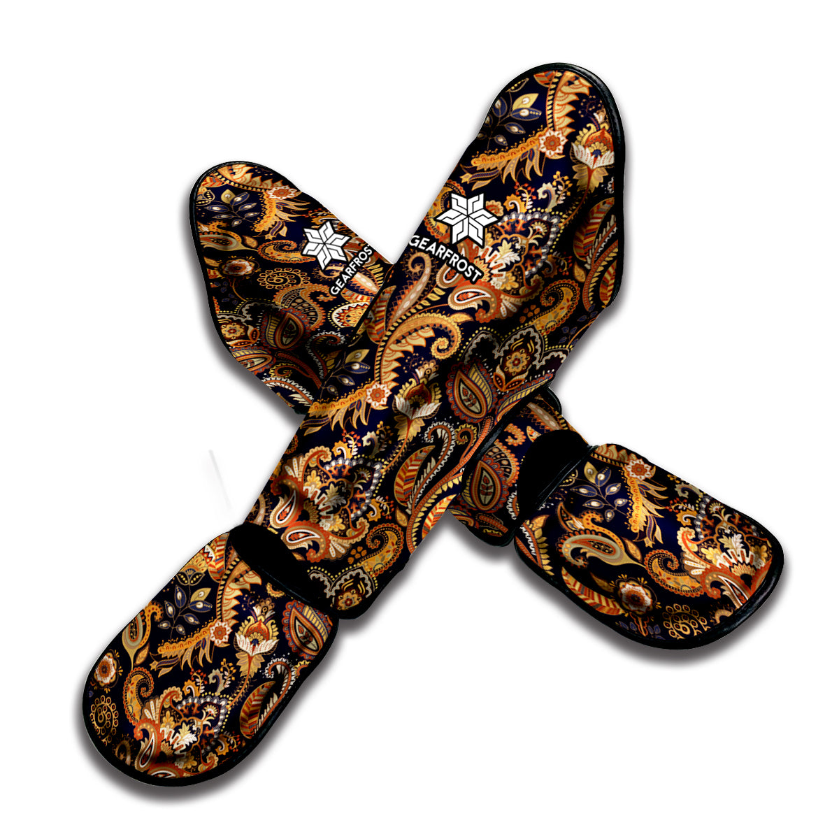 Gold And Blue Paisley Pattern Print Muay Thai Shin Guard