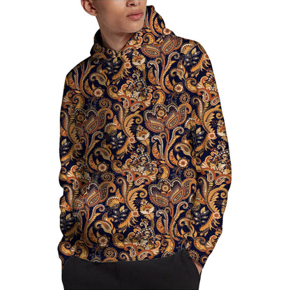 Gold And Blue Paisley Pattern Print Pullover Hoodie
