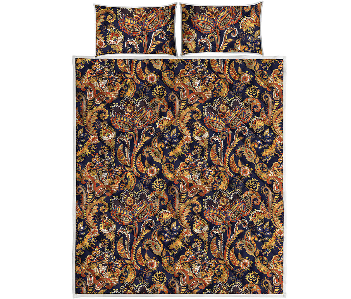 Gold And Blue Paisley Pattern Print Quilt Bed Set