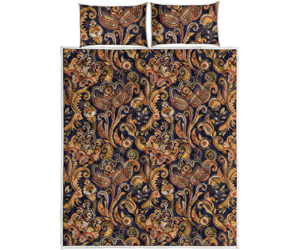 Gold And Blue Paisley Pattern Print Quilt Bed Set